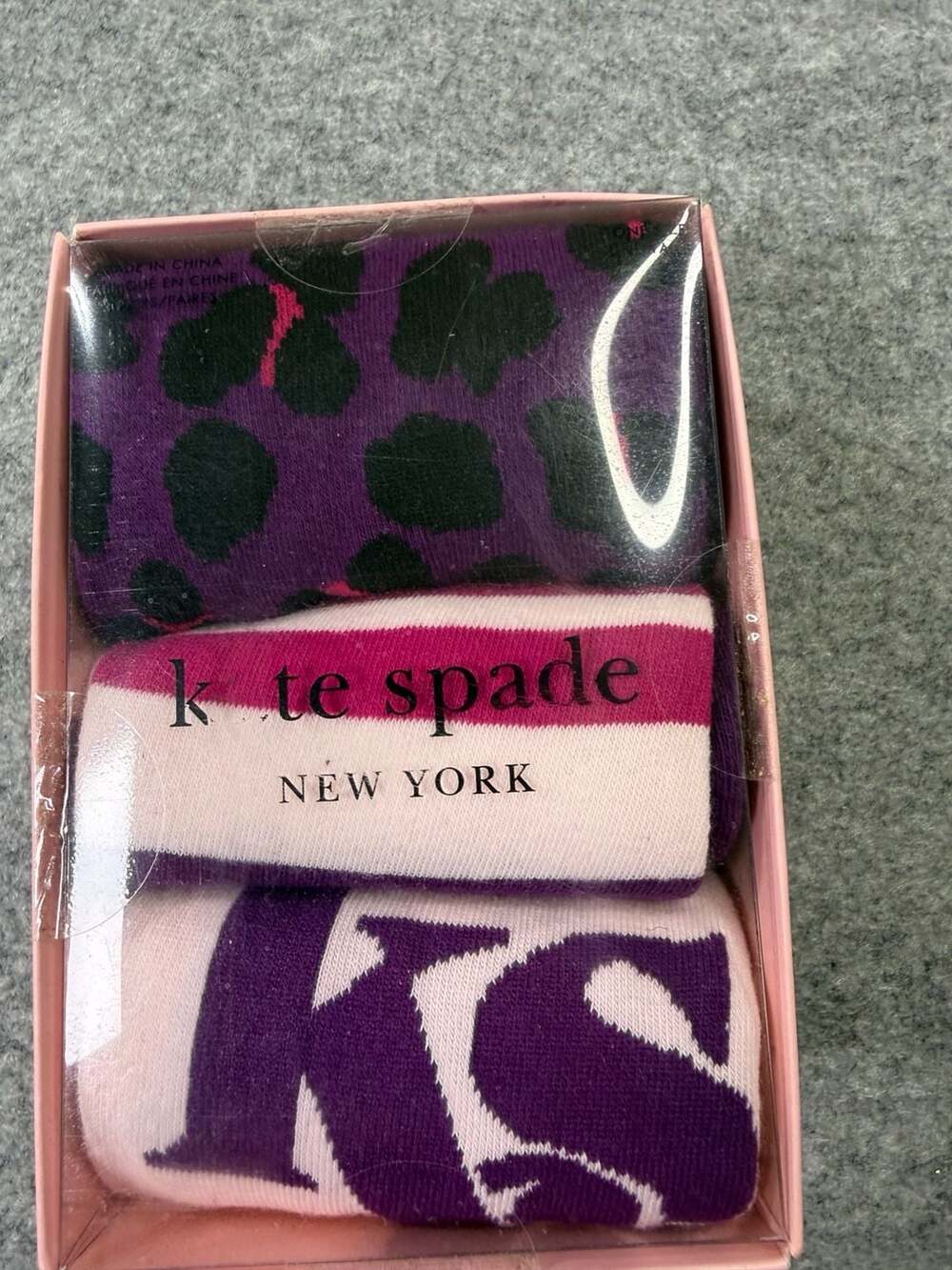 Kate Spade New York Crew Socks 3 Pair Burgundy Multi Leopard Stripe Gift Box